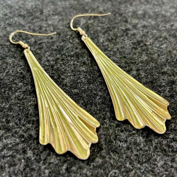 Vintage Gold Tone Fan Drop Earrings, 3.75 Inches - Picture 7 of 11